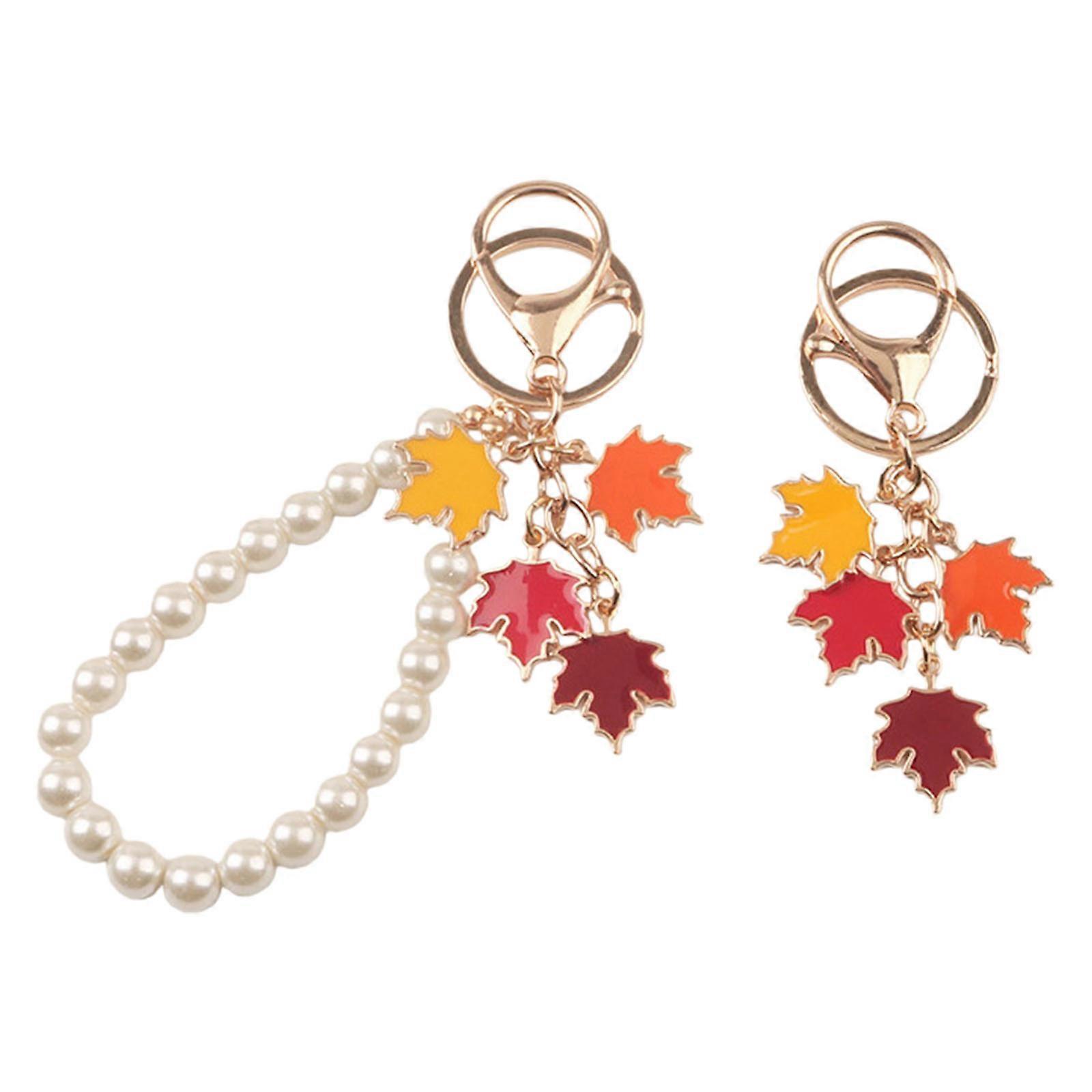 Fall Season Double Leaf Key Ring Set with Simulated Pearls Alloy Keychain for Purses Backpacks Gift Giving Occasions Multicolor