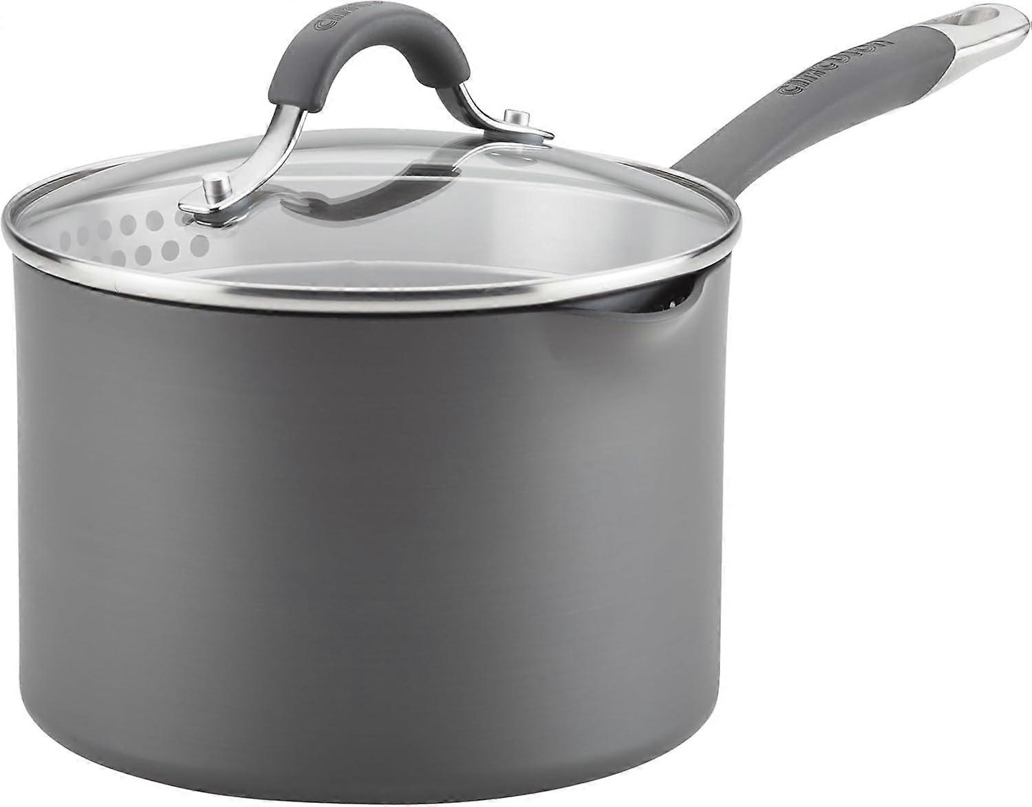 Radiance Hard-Anodized Nonstick Straining Saucepan, 3-Quart, Gray