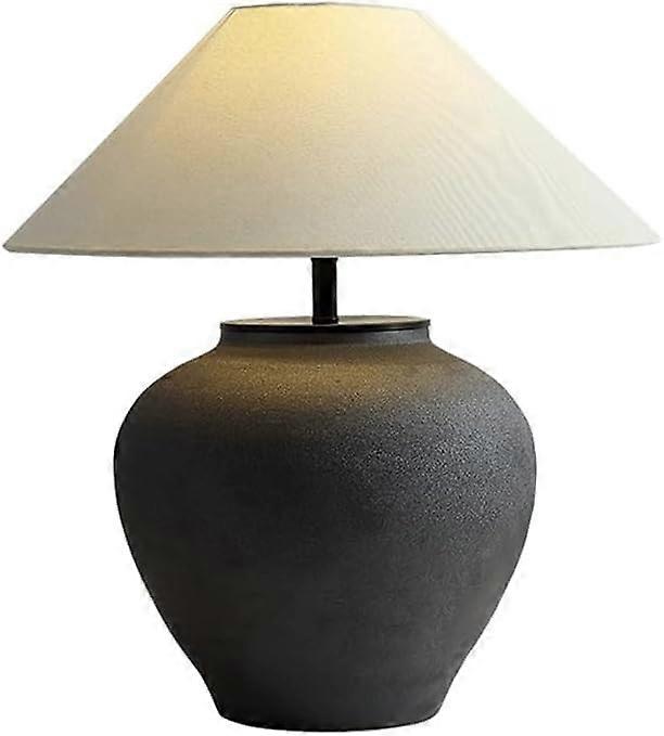 Farmhouse Table Lamp Black Ceramic 18.8' Rustic Base with Soft Fabric Shade for Living Room or Bedroom