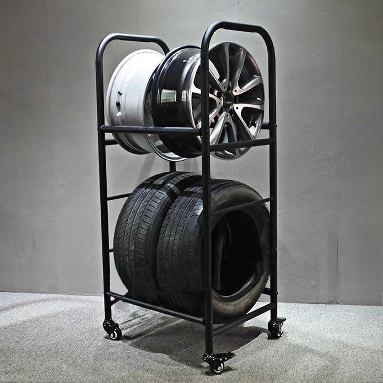 Tire Storage Rack Heavy Duty Steel Frame TwoTier Rolling Organizer with Wheels for Garage