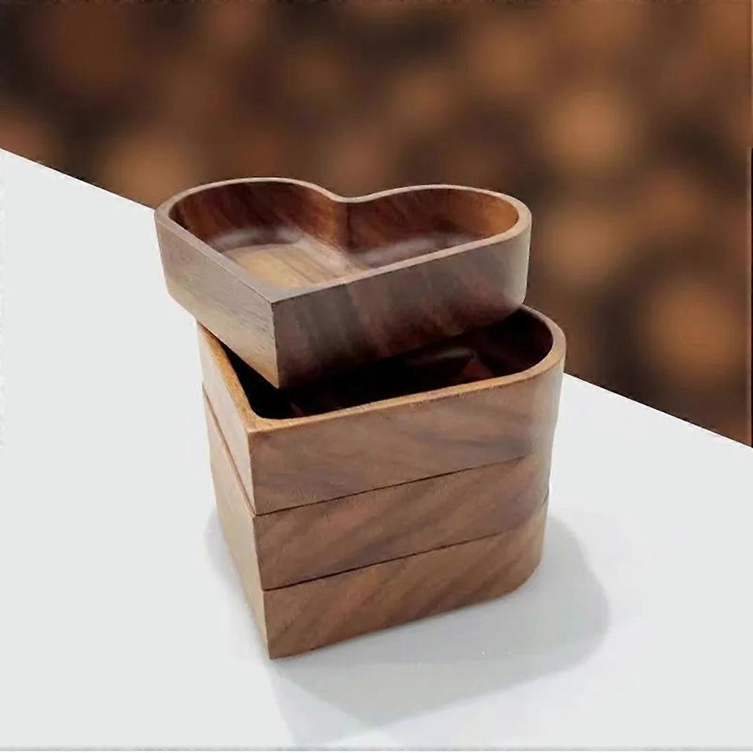 4pcs Solid Wood Candy Tray Natural Walnut Serving Platter Stackable Nut Bowl Creative Heart Shape Dessert Storage Box