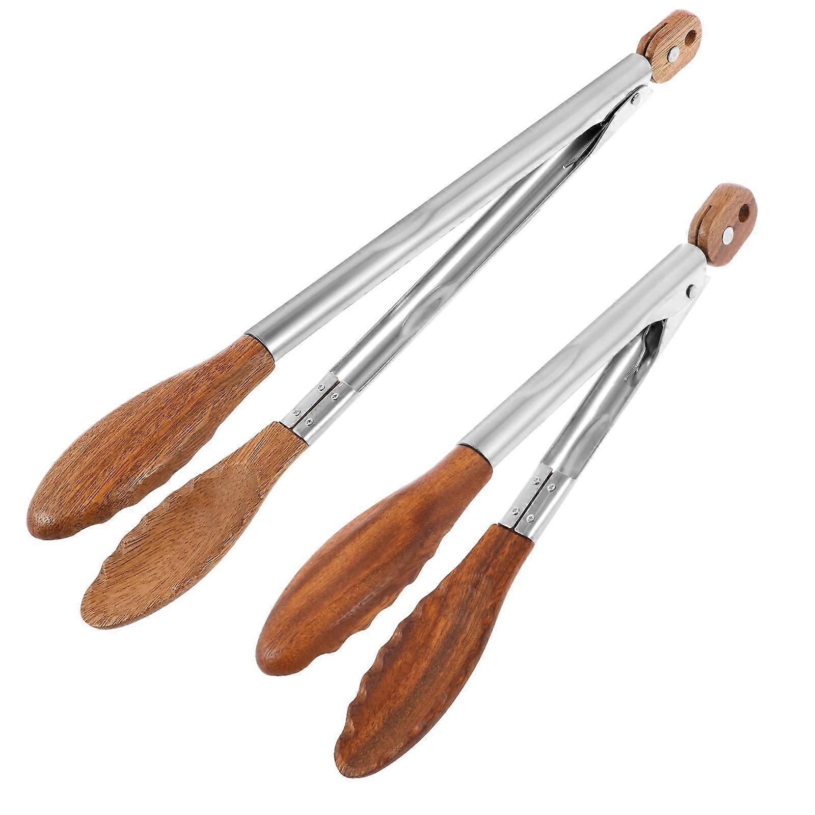 2 Pcs Walnut Wooden Kitchen Tongs with Locking Design, NonSlip Grip for Cooking and Serving
