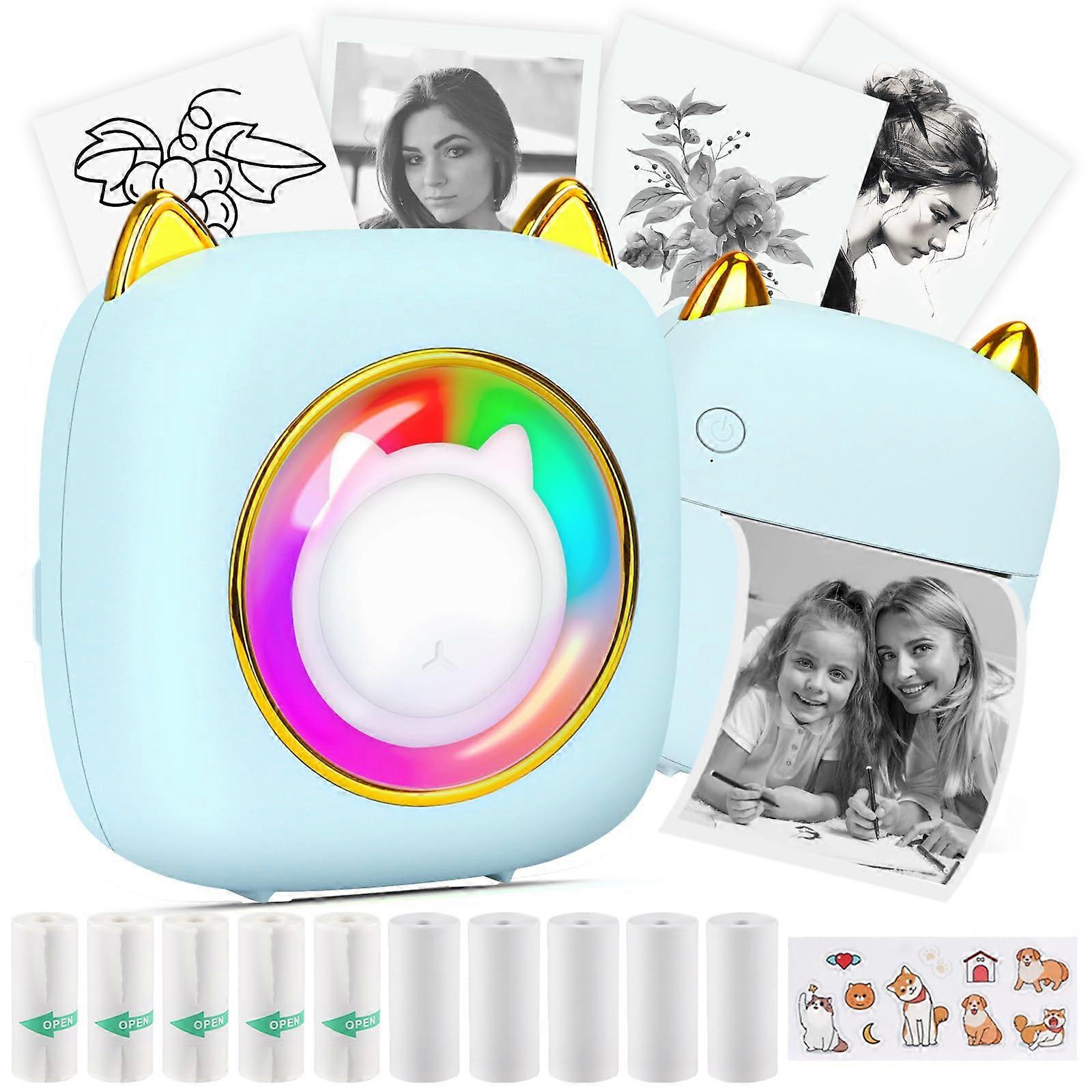 Mini Sticker Printer Bluetooth Thermal Photo Printer with RGB Light for iOS Android, 10 Rolls Included