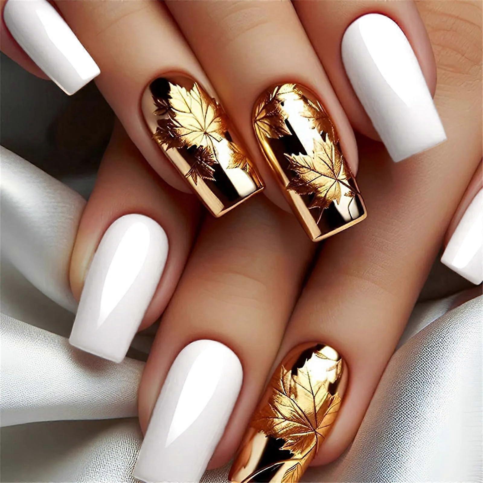 Gold and White Square Glossy Press On Nails Set with Maple Leaf Design, 24pcs False Nails