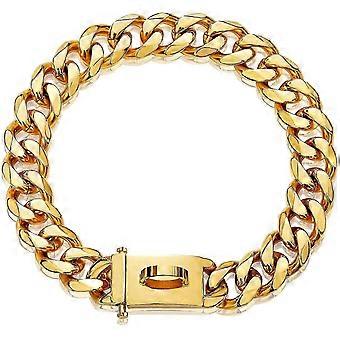 Gold Dog Chain Collar With Design Secure Buckle, 18k Miami Cuban Link Chain 15mm Heavy Duty Walking Collar 16inch