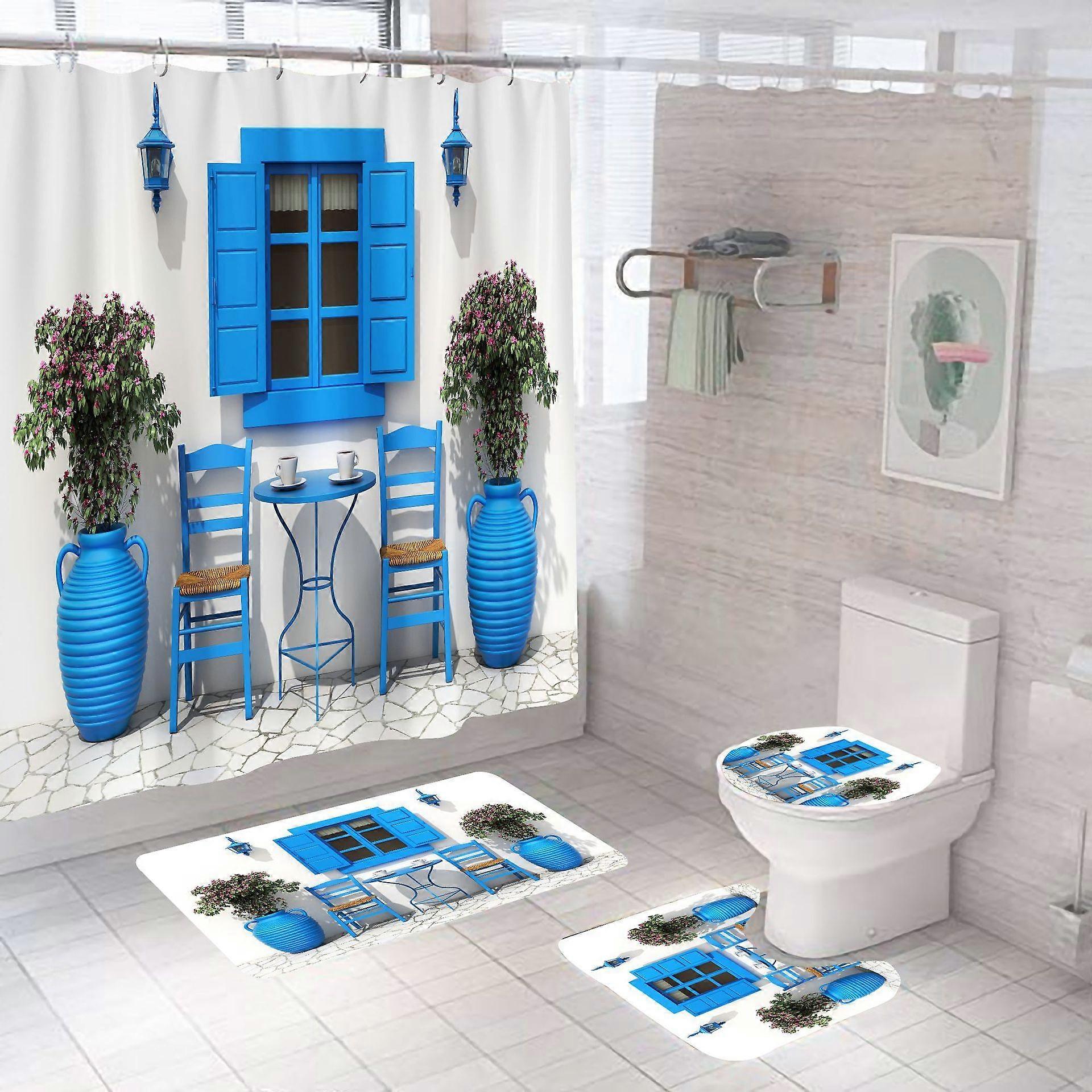 Blue Window Mediterranean Waterproof Shower Curtain Set