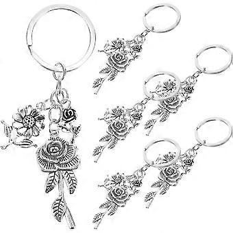 Flower Keyring Charms 6pcs Zinc Alloy Silver Floral Pendant