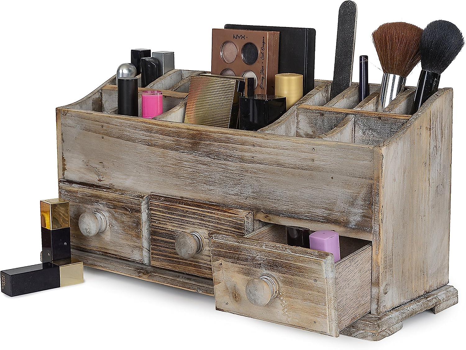 3 Drawers - Wooden Cosmetic Storage Box for Neat & Organize Storing of Makeup Tools (Rustic)