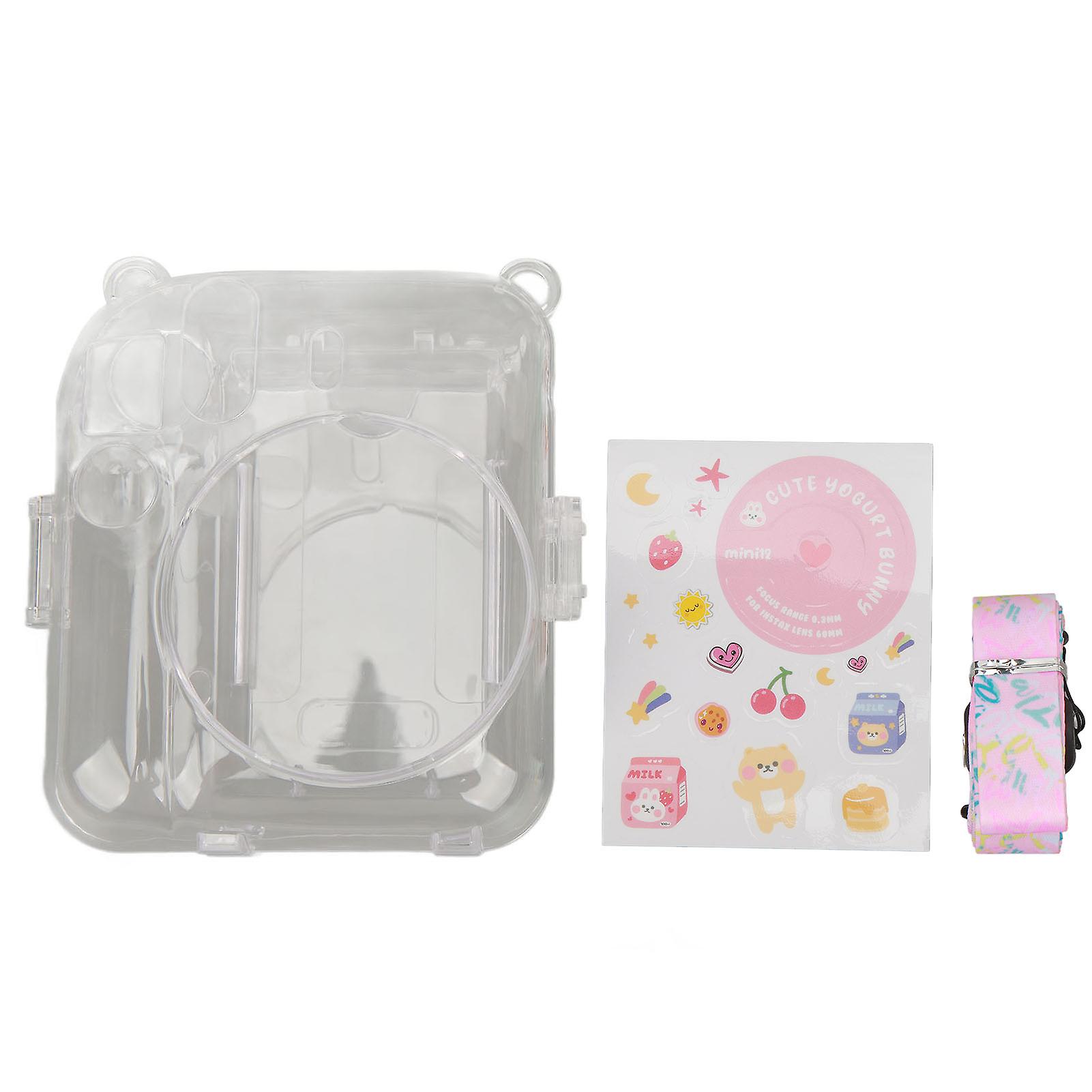 Instant Camera Case, Self-Adhesive Shoulder Strap, Durable Clear Protective Case for Instax Mini 12, Pink