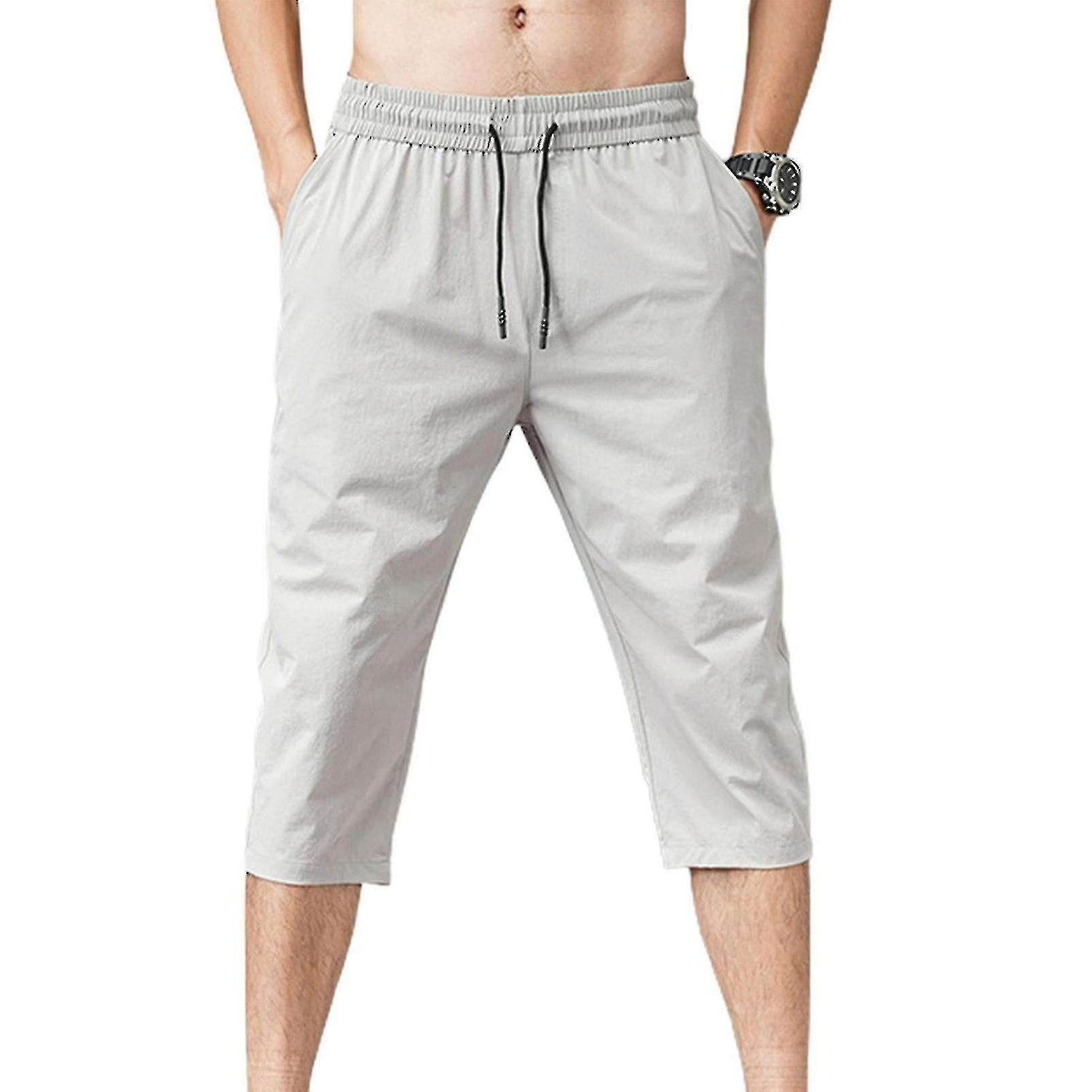 Men Elastic Waist Drawstring 3/4 Length Cropped Trousers Sweatpants-eyzi