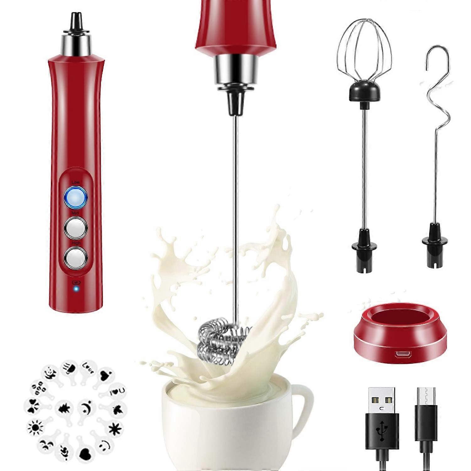 Mini Frother for Coffee,Milk Frother Handheld,Whisk Drink Mixer for Coffee Matcha USB Rechargeable With16 Stencils Red