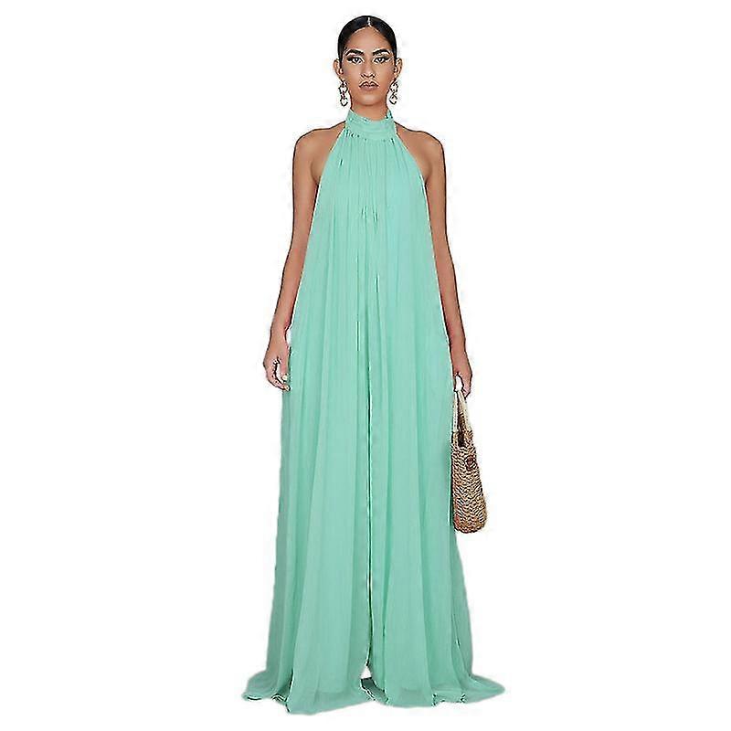 Women's Elegant Loose Fit Chiffon Halter Neck Backless Wide Leg Jumpsuit