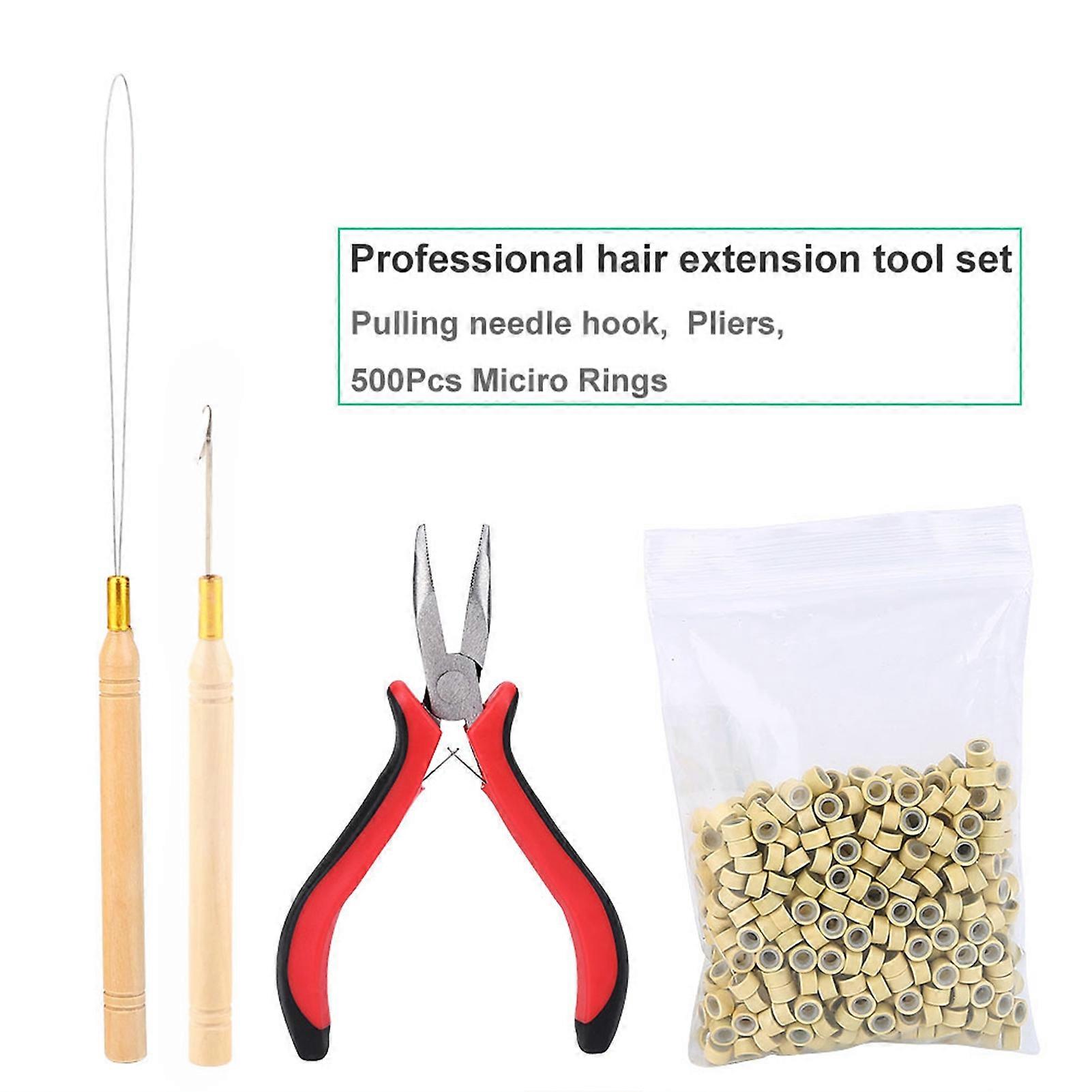 Wig Connector Kit Pliers Hook Loop Needle with 500Pcs Micro Rings Hair Extension Tool Beige