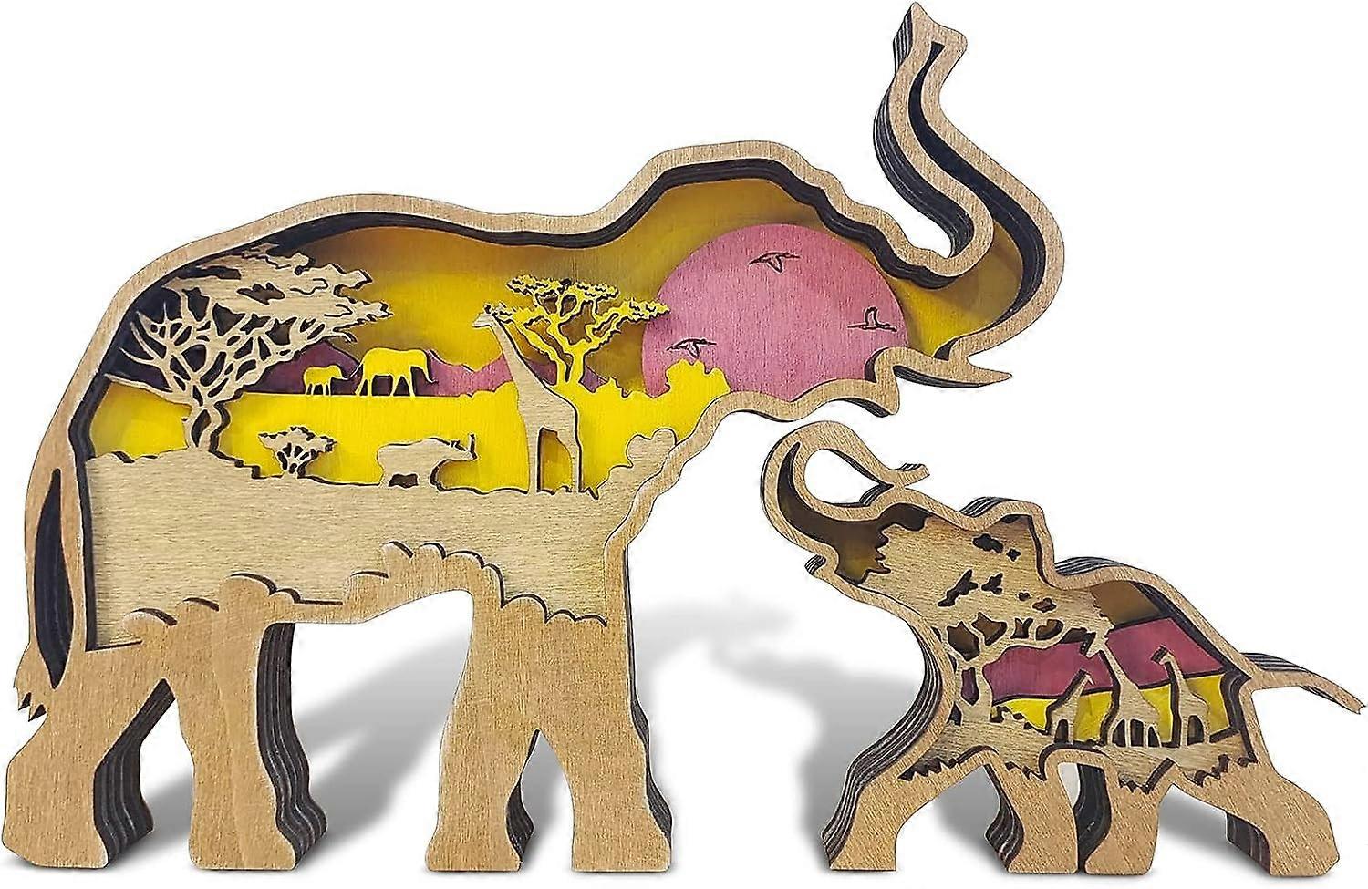 Elephant and Mountains Layered Wooden Carved Ornament with Lights, Forest Animal Multi-Layered 3D Decor