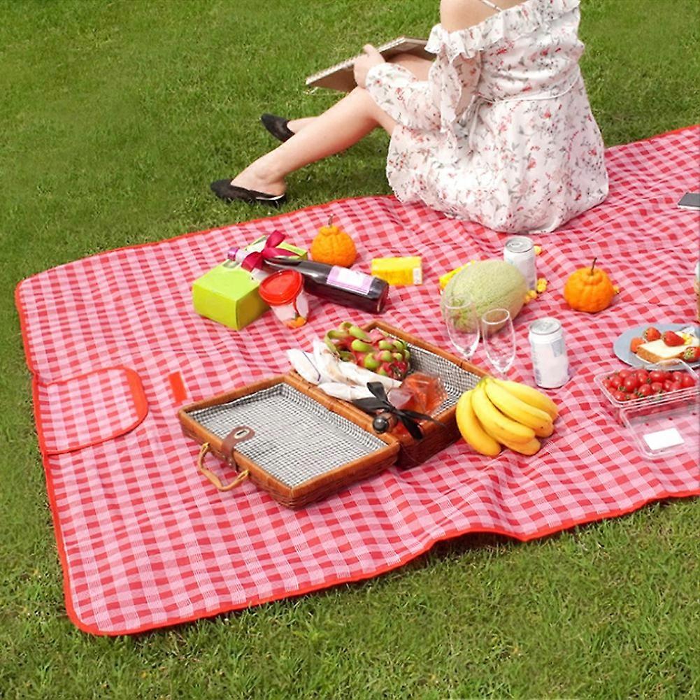 Tapis de pique-imperméable à l’humidité Pad rouge blanc grilles couverture de camping en plein air (145x200cm)