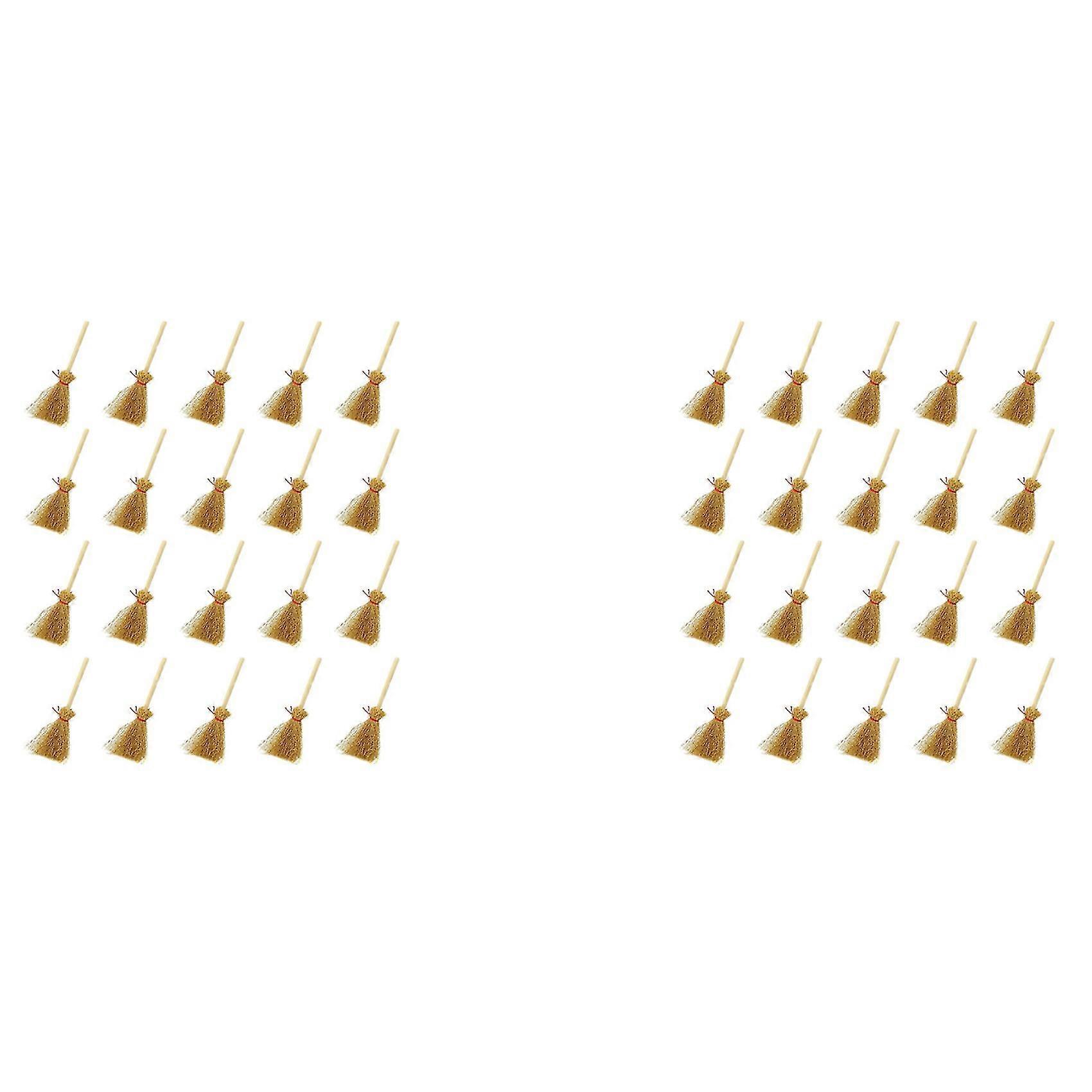 40pcs Mini escobas de paja artificial en miniatura con cuerdas rojas Decoración de paja Brujas Party Decor To-yyc