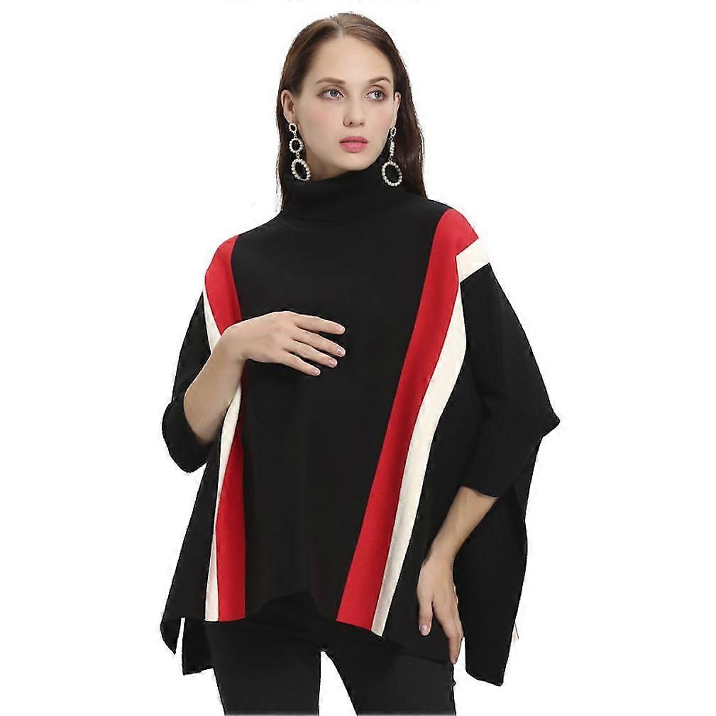 Autumn Winter Loose Batwing Blouse Turtleneck Pullover Shawls with Stripe Pattern for Lady