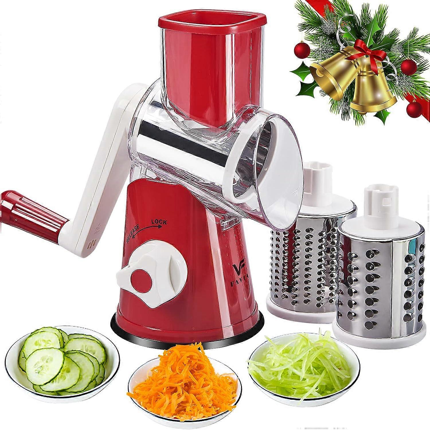 Rotary Hand Vegetable Grater - Multi-Function Manual Drum Grater (Red)