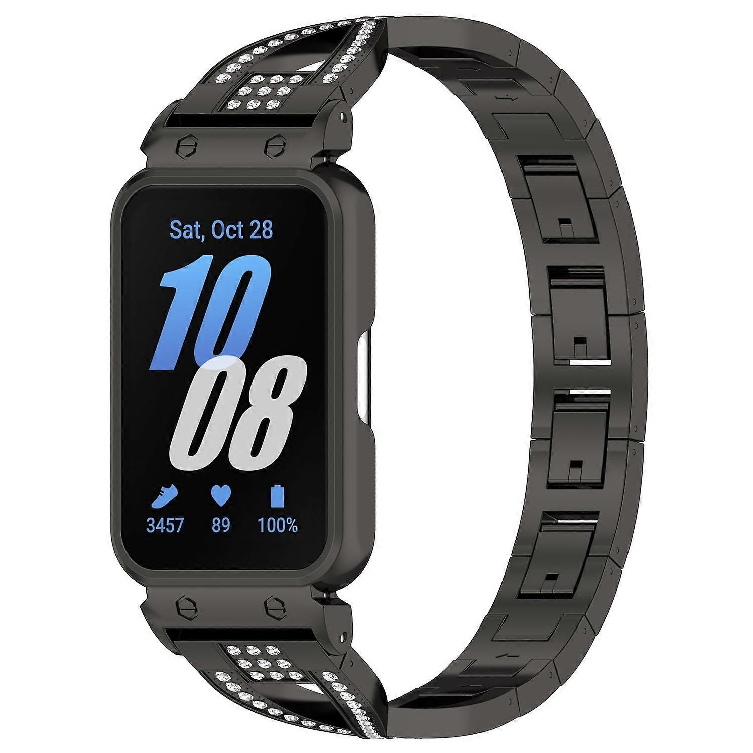 For Samsung Galaxy Fit 3 Stainless Steel Diamond Design with Integrated Case Replacement Bracelet Black