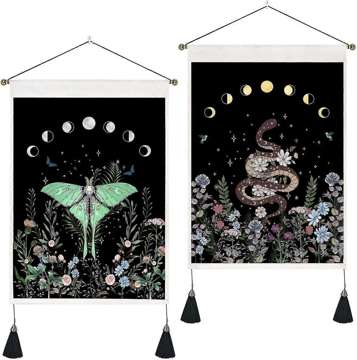 Pa Of 2 Moon Phase Tapestry Flower Tapestry Floral Moth Tapestry Snake Tapestry Bla Baground Tapestry Wall Hanging For Room (13.8 X 19.7 Inches),7828
