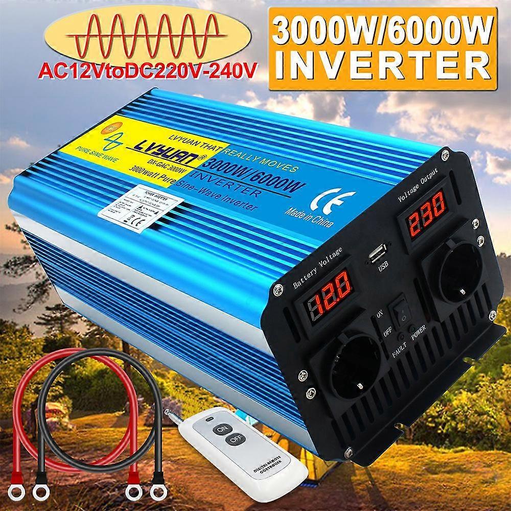 6000W (Peak) 12V/24V to 230V 3000W Rated Inverter For Caravans, Off-Grid Solar Systems, With 2 AC Outlets, Wireless Remote Control