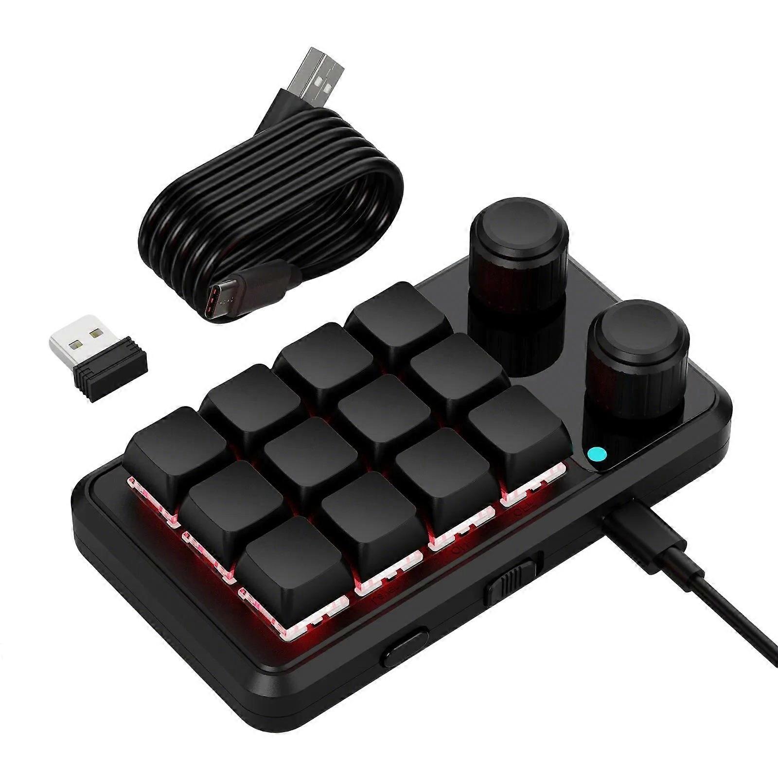 Tek El ile Makro Klavyeler 12 Programlanabilir Tuş, RGB'ler, İki Kadran, Kablosuz Seçeneği & Tip C Siyah