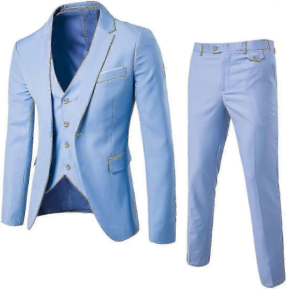 Erkek 3 Parça Slim Fit Takım Elbise Tek Düğme Düz Ceket Yelek Pantolon İş Seti