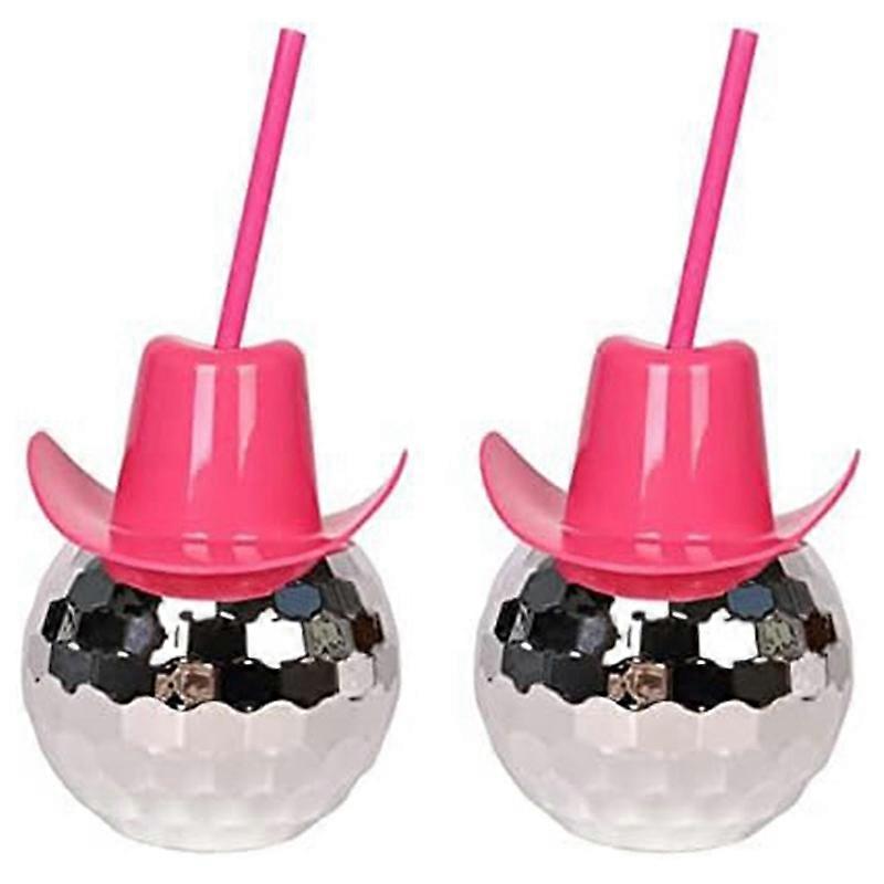 2Pcs Disco Ball Cups with Straw, Silver+Pink