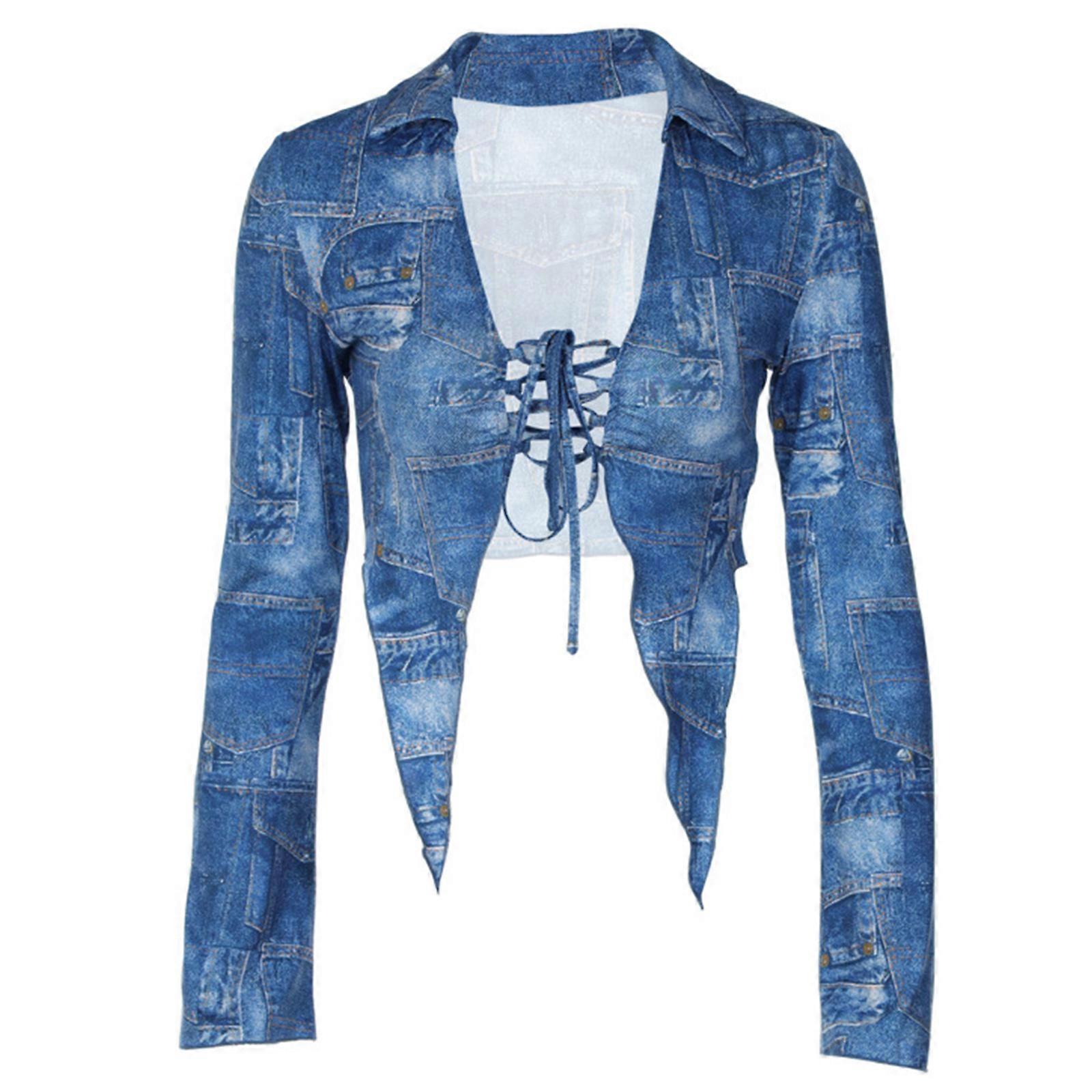 Women's Milk Silk Open-front Cropped T-shirt with Unique Print and Adjustable Drawstring Lace Up Cardigan  Blue S