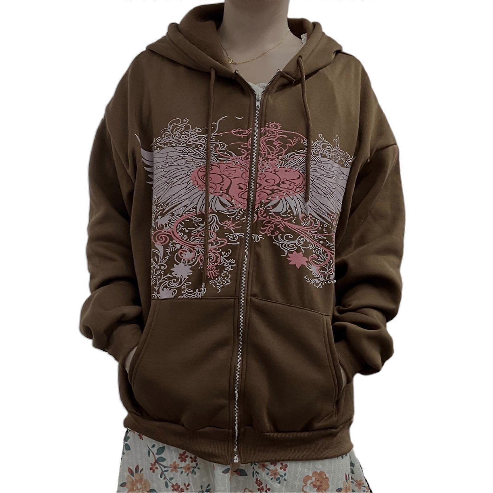 Women Harajuku Long Sleeve Zip Up Hoodies for Jacket Gothic Punk for Rhinestone Heart Wing Print Sweatshirt Oversized Loose Tunic Outwear Coat with