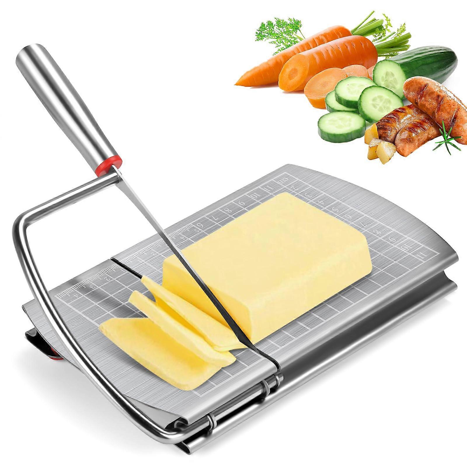 Precise Cheese Slicer Board Stainless Steel Multi-Purpose Cutter for Block Cheese, Butter, Sausages, Bread - Dishwasher Safe Silver