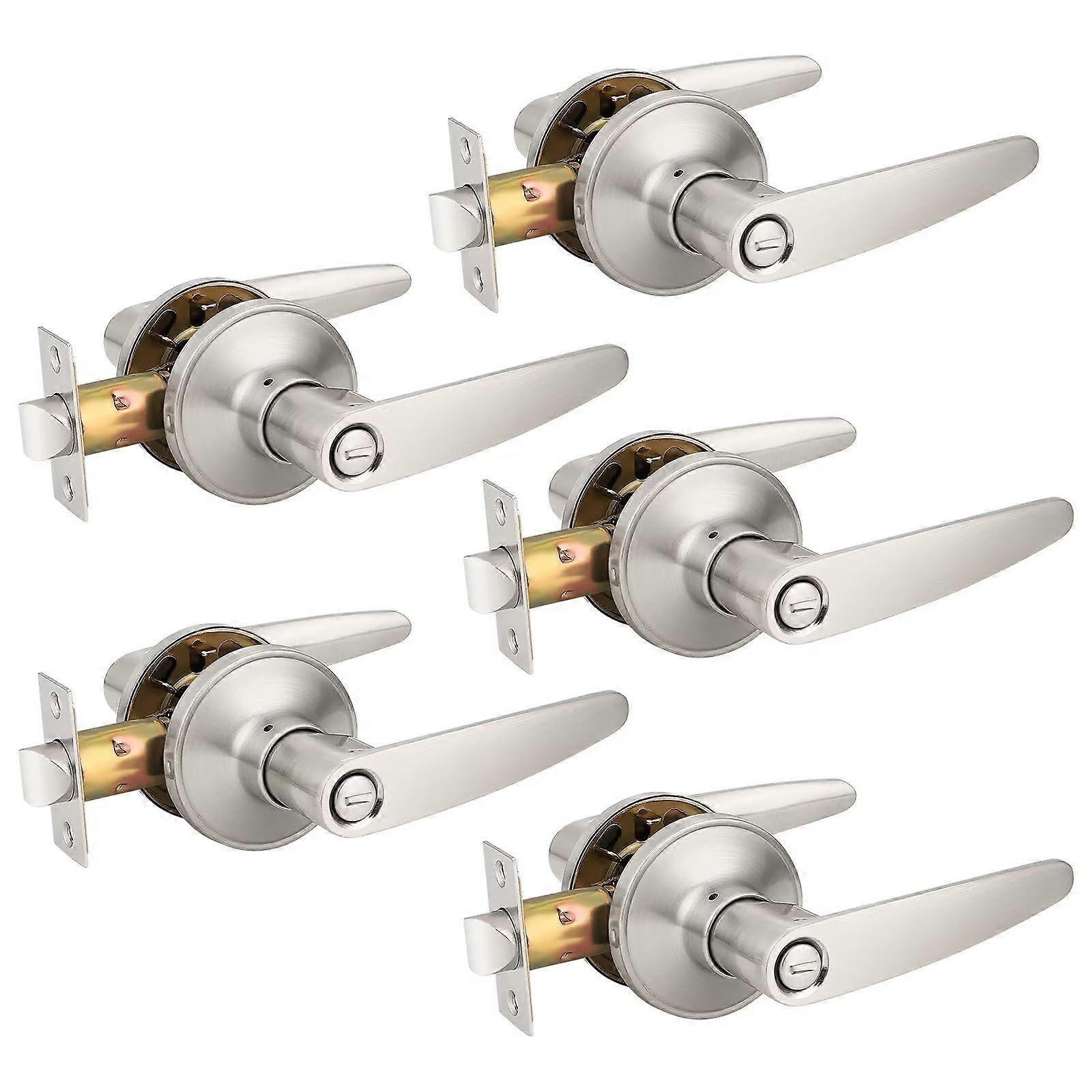 5 Pack Privacy Door Lever Handle Set for Bedroom and Bathroom, Keyless Satin Nickel Lockset, Modern Durable Design