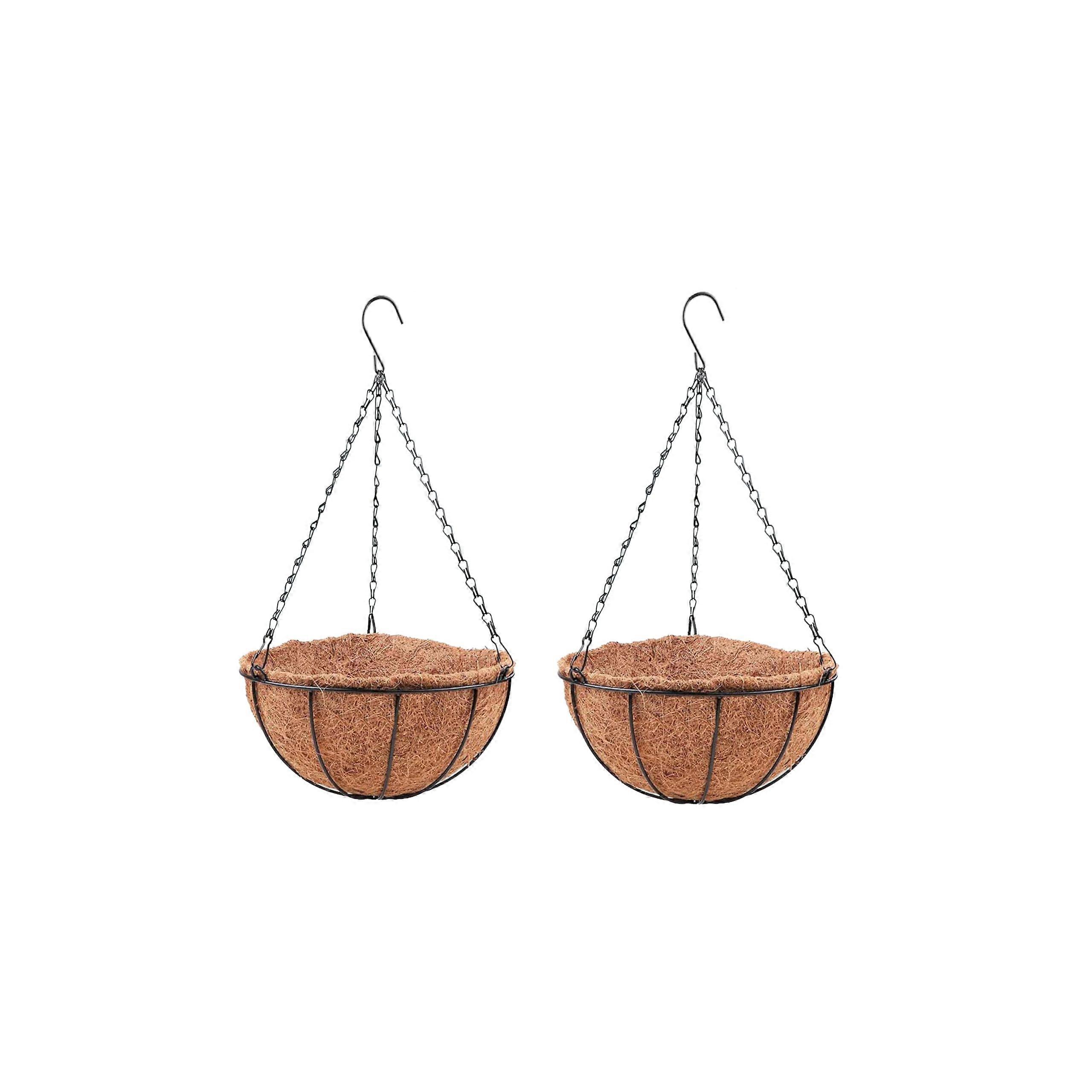 LaLaGreen Hanging Baskets for Plants Outdoor 18 Inch Black Metal Wire Planter with Coco Liner - 2 Pack Round Hanger for Garden Balcony