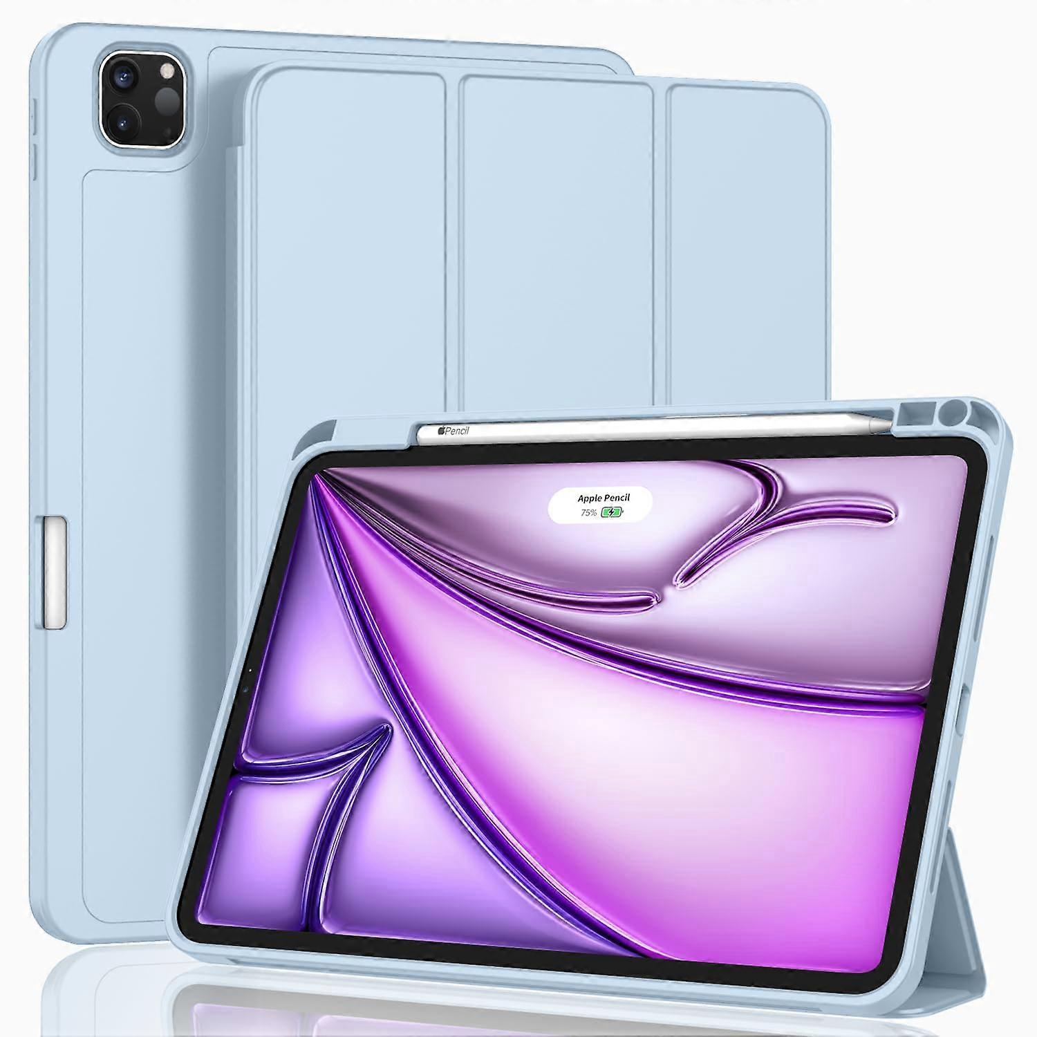 New iPad Air 13 Inch Case M3 2025 / M2 2024 With Pencil Holder, Trifold Stand, Soft TPU Back, Auto Wake/Sleep, Sky Blue