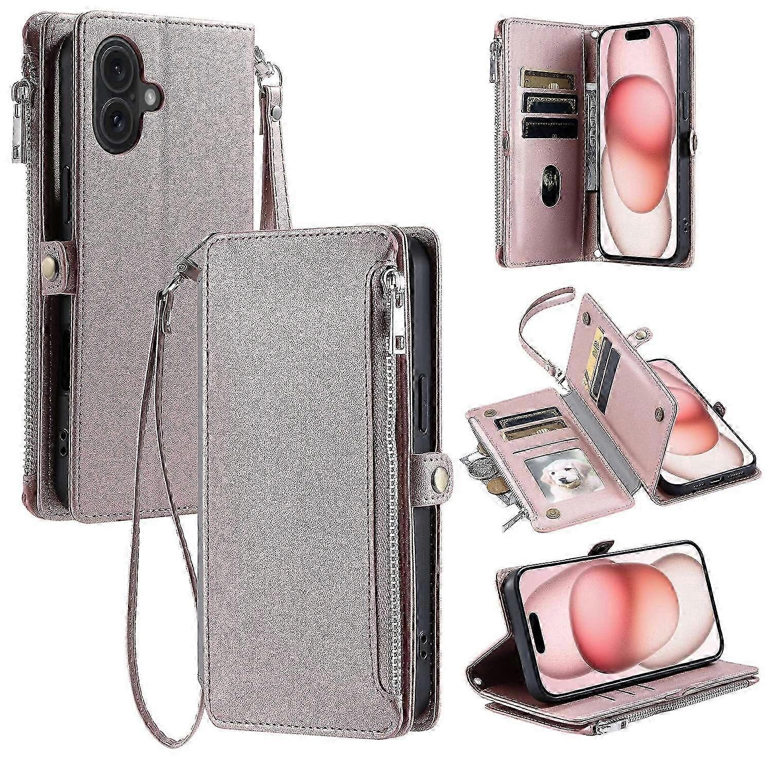 Leather Wallet Phone Cover with Straps for iPhone 16 Plus