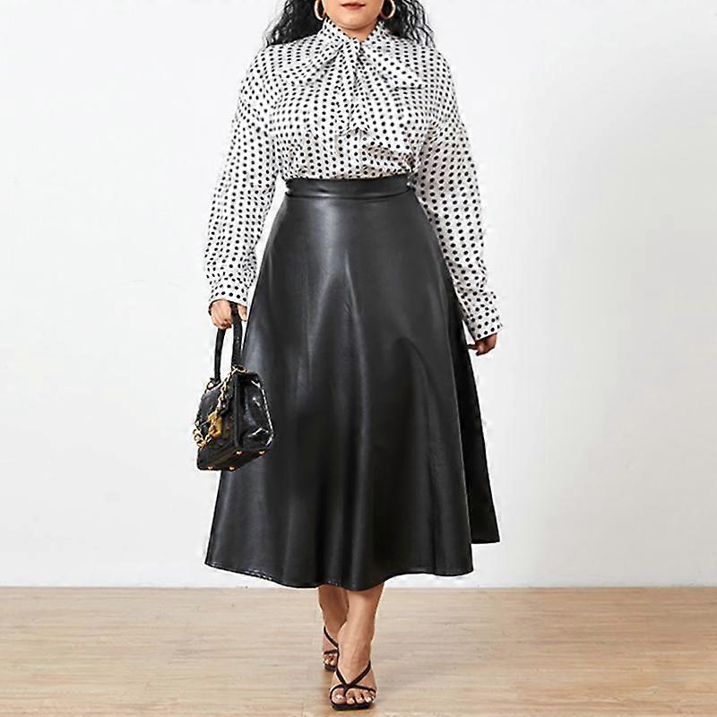 Spring Women's Fashion Faux Leather Big Swing Long Skirt High Waist Pleated Solid Color Casual Loose Maxi Skirts Plus Size Celmia FZH