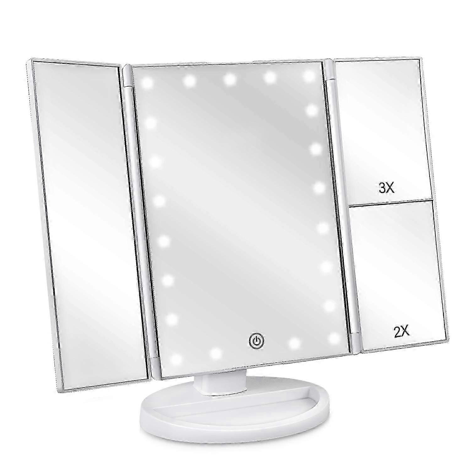 2025 Floor Mount Tri-Fold Lighted Vanity Mirror with 21 LED Lights, Touch Screen and 3X/2X/1X Magnification