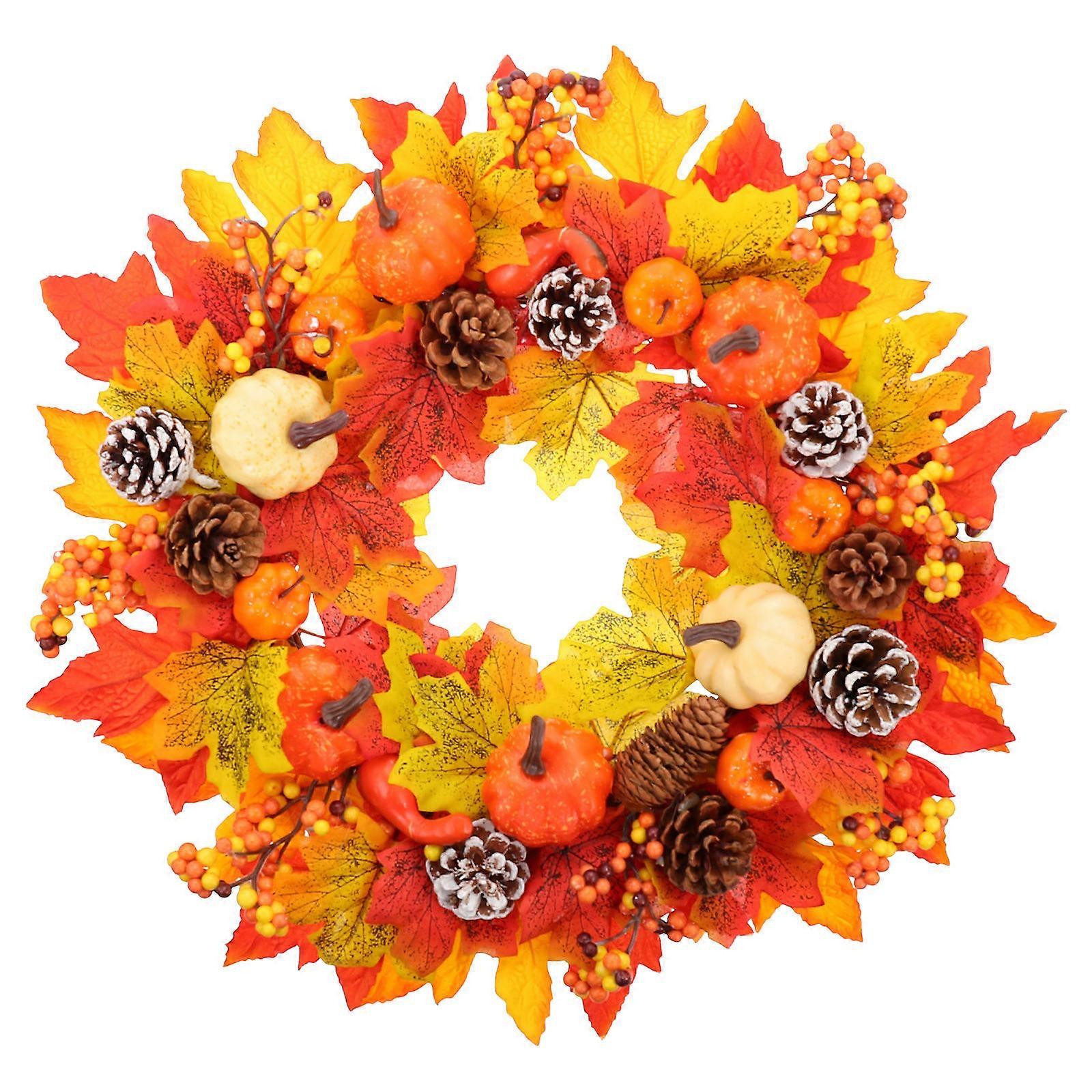 Front Door Wreath Simulation Maple Leaf Pumpkin Candlestick Decorative Item Autumn Season Circular Shape 1Pack