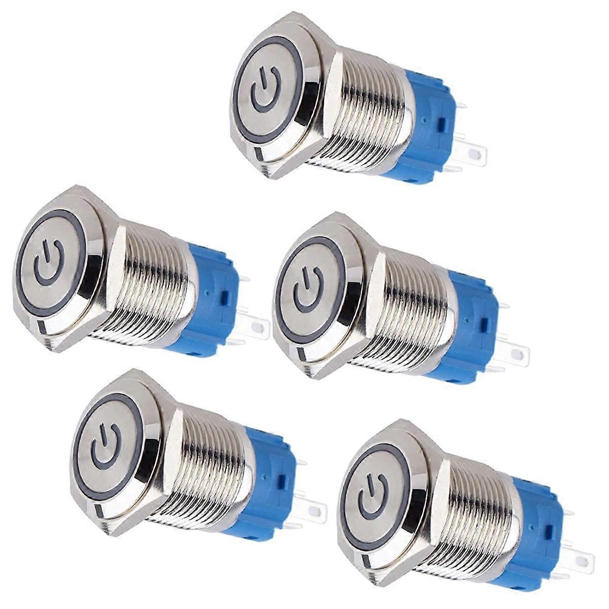 5pcs 16mm Metal Latching Push Button Switch Waterproof Anti- Silver Shell 12V-24V 1NO 1NC for 5/8In