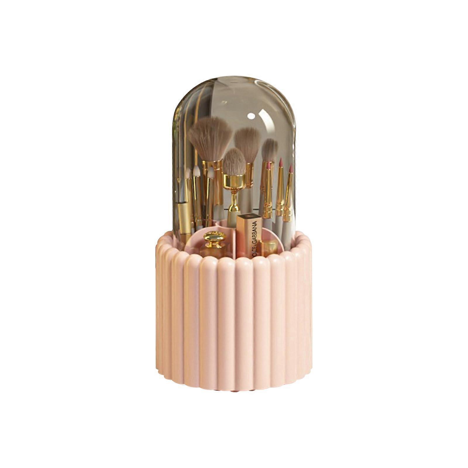 Makeup Brush Holder with Lid, 360° Rotating Organizer for Brushes, Lipstick (Pink)