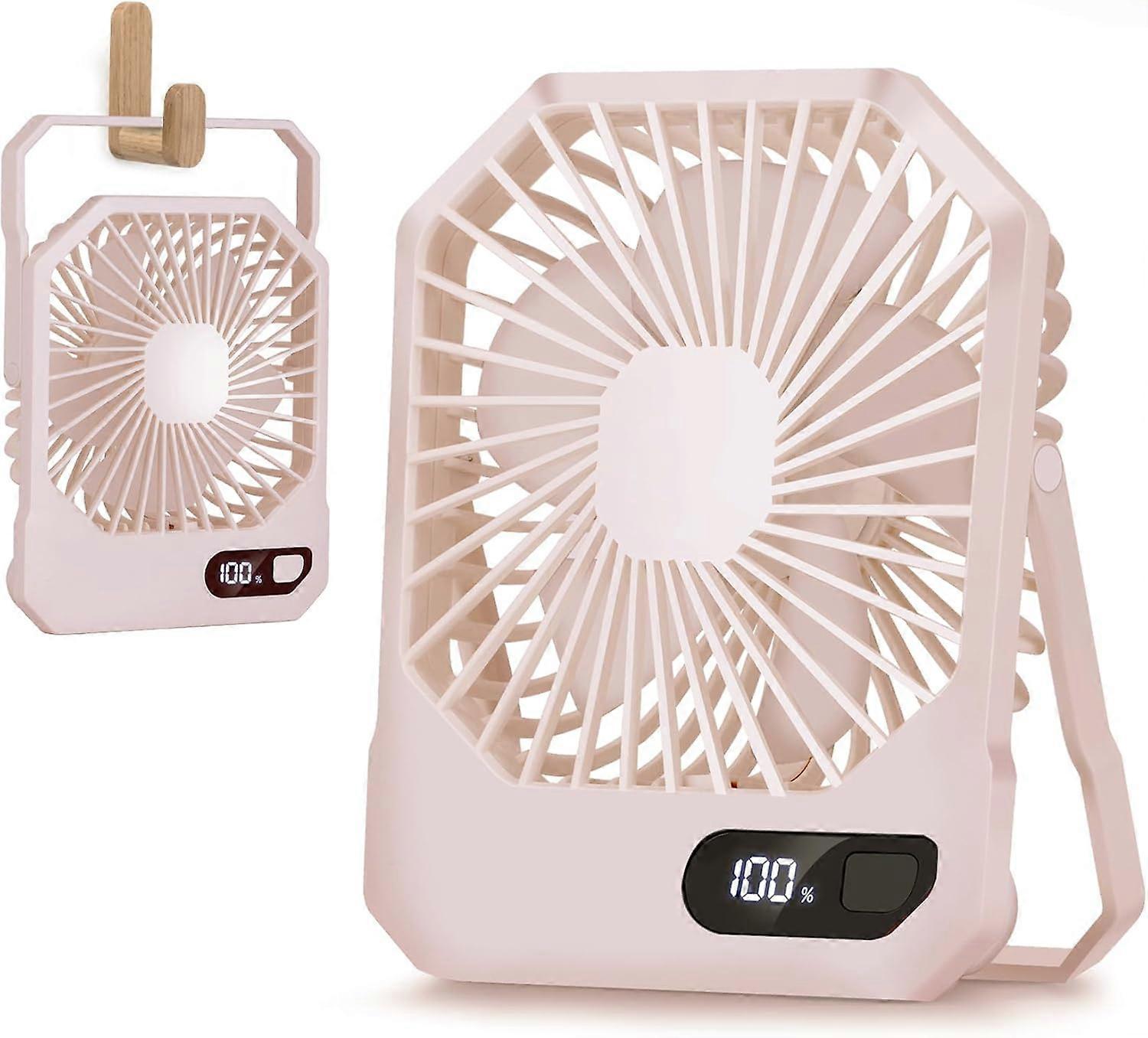 2-in-1 Table and Hanging Fan, Small Quiet Desktop Fan with 180° Stand and LED Display, Portable Mini USB-C Rechargeable Desk Fan (Pink)