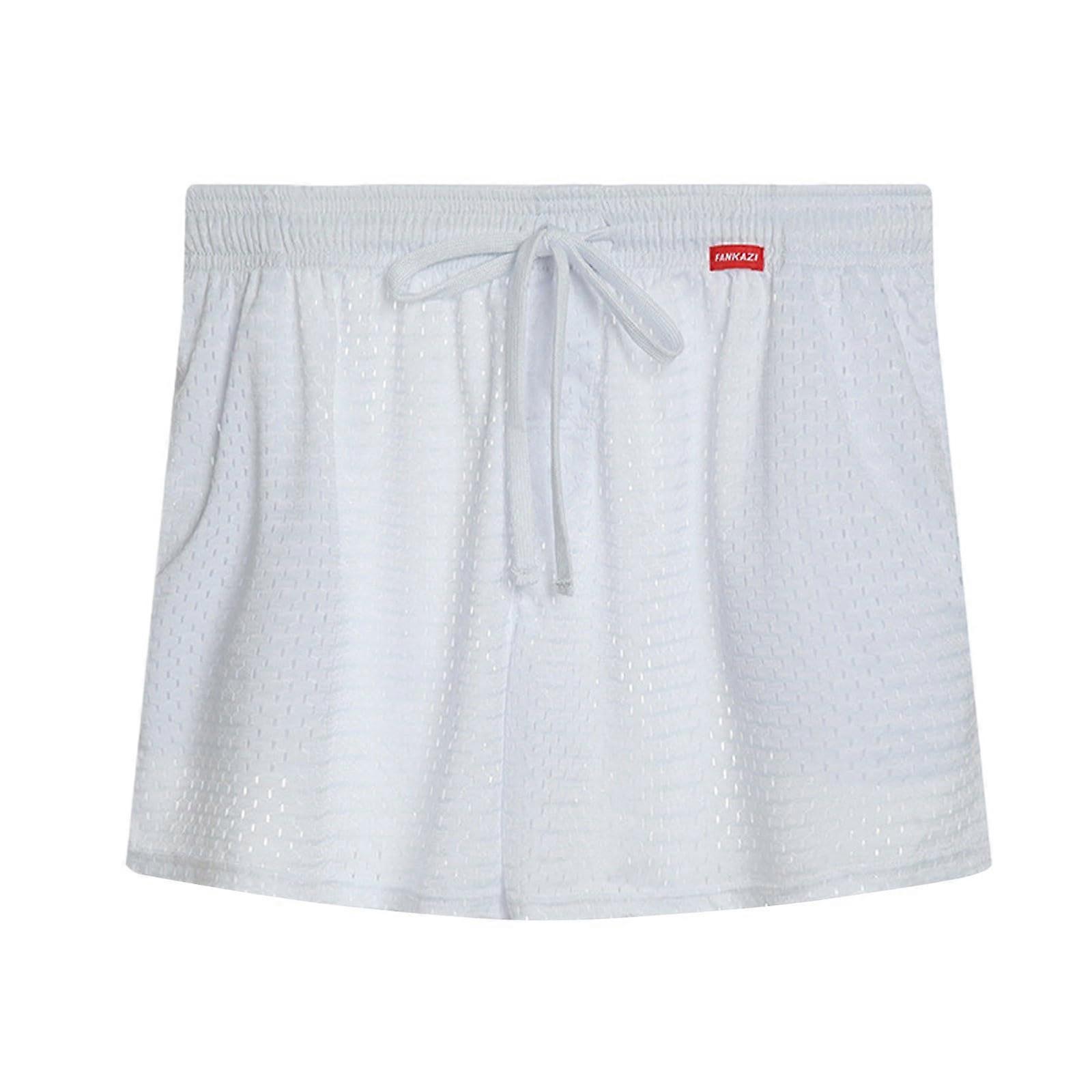Summer Shorts, solid color, medium length, mesh fabric, thin, loose, stylish, with pockets, stretch, plus size, men's short white XL