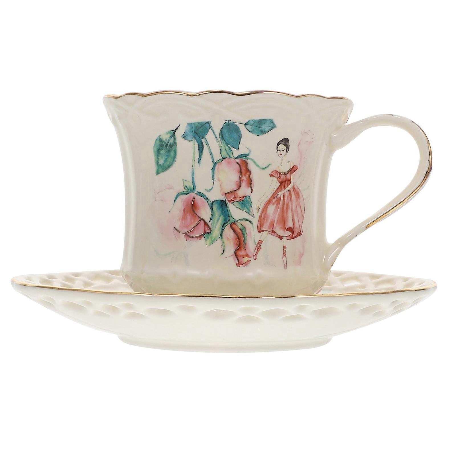 Ceramic Tea Cup Saucer Set Water Drinking Cup Home Use Round Shape Beige Color 1Set