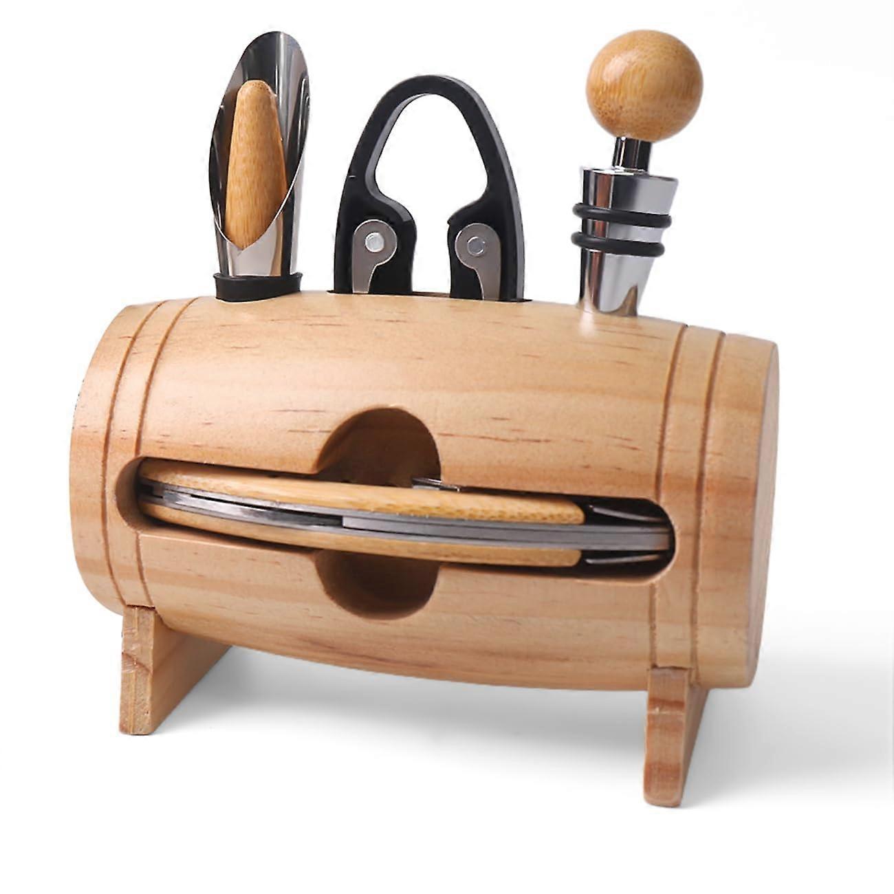 Barrel Shape Corkscrew Set, Wine Opener, Wine Sommelier Sets with Bottle Opener, Wine Stoppers, Wine Accessories Gift Set (Barrel 01)