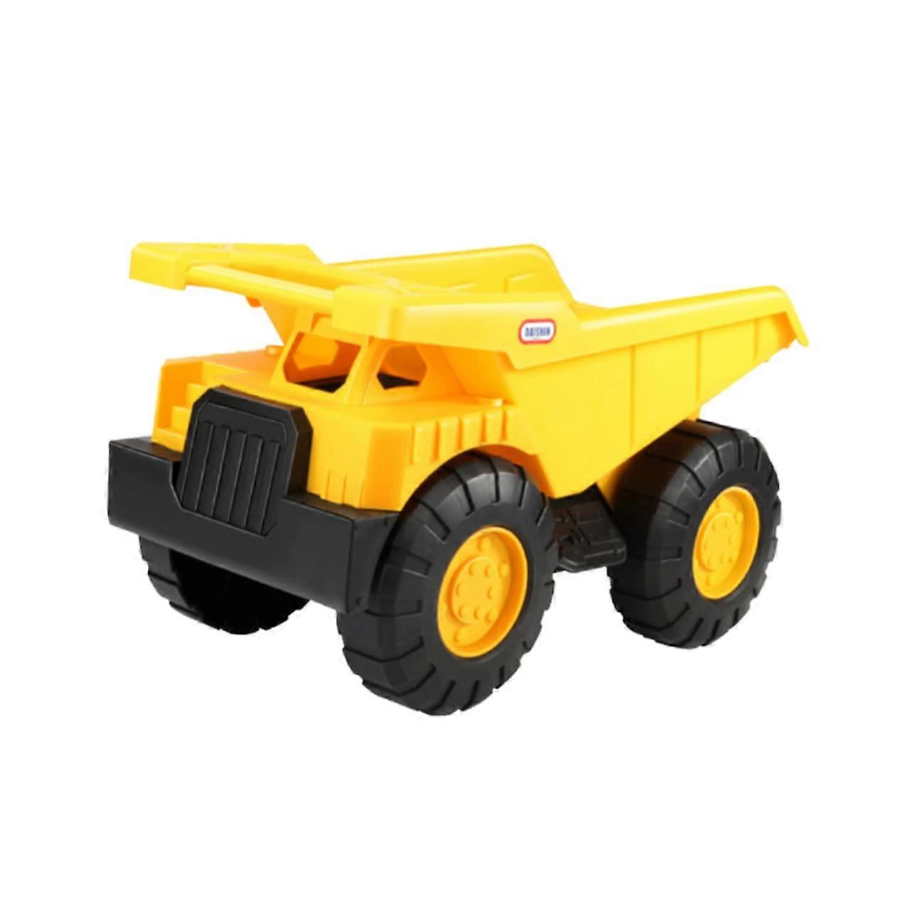 Plastic model sand toy car with holder, yellow, for creative beach games and fun, lightweight and easy to handle for small hands.
