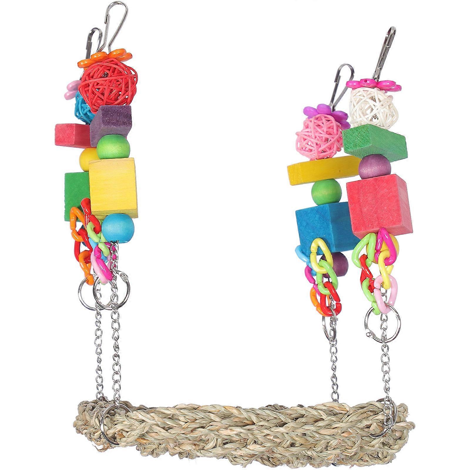 Hanging Parrot Swing Toy Birds Cage Accessory Entertainment Exercise Wooden Straw 26x18cm 1Pack