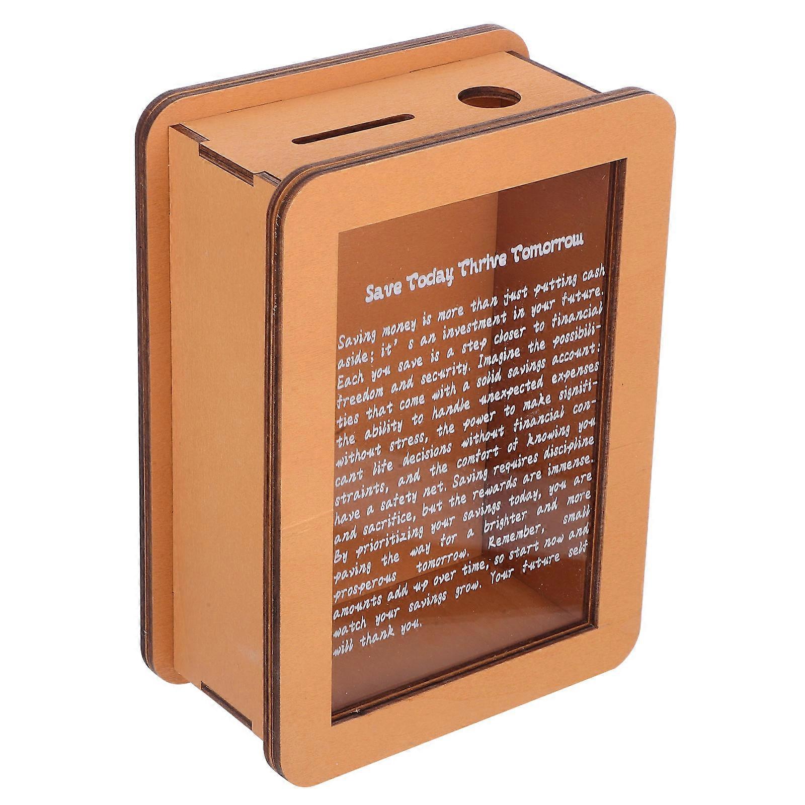 Brown Wooden Piggy Bank with Clear Acrylic Panel for Effortless Coin Storage and Financial Motivation 8.5 x 8.5 x 8.5 cm