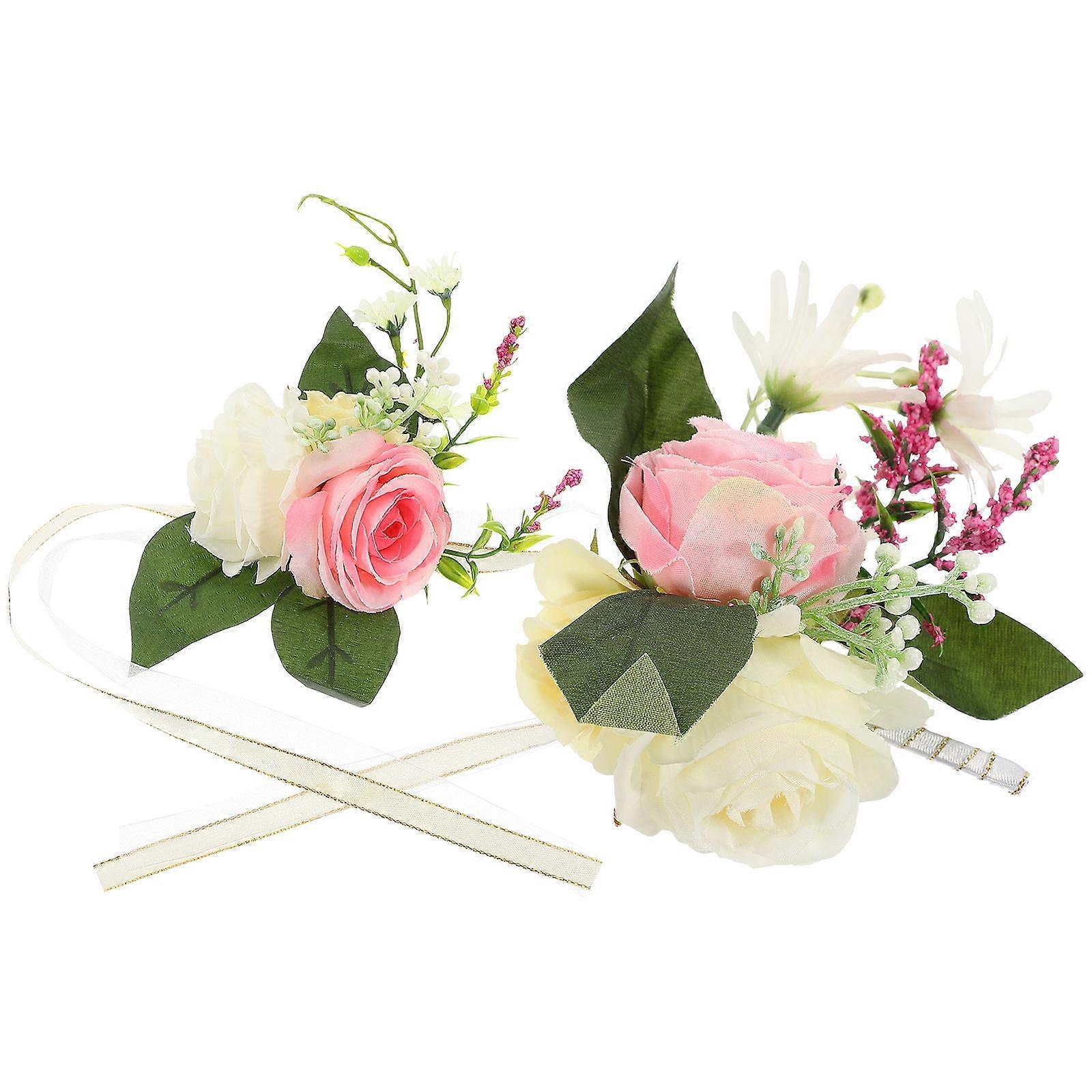 Artificial Flower Corsage and Boutonniere Set Wrist Corsage for Groom Pink 15X13CM Wearable 1 Set