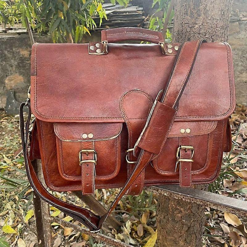 Vintage Äkta Läder Satchel Axelväska Messenger Laptop portfölj för män