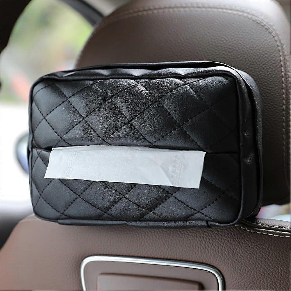 Leather paper towel holder for cars with checkered design, multifunctional mount for dashboard and headrest, keeps napkins clean and accessible.